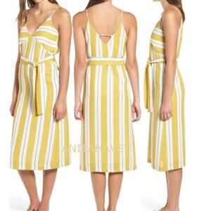 Dee Elly Nordstrom Mustard Yellow White Striped Belted MIDI Dress Size M